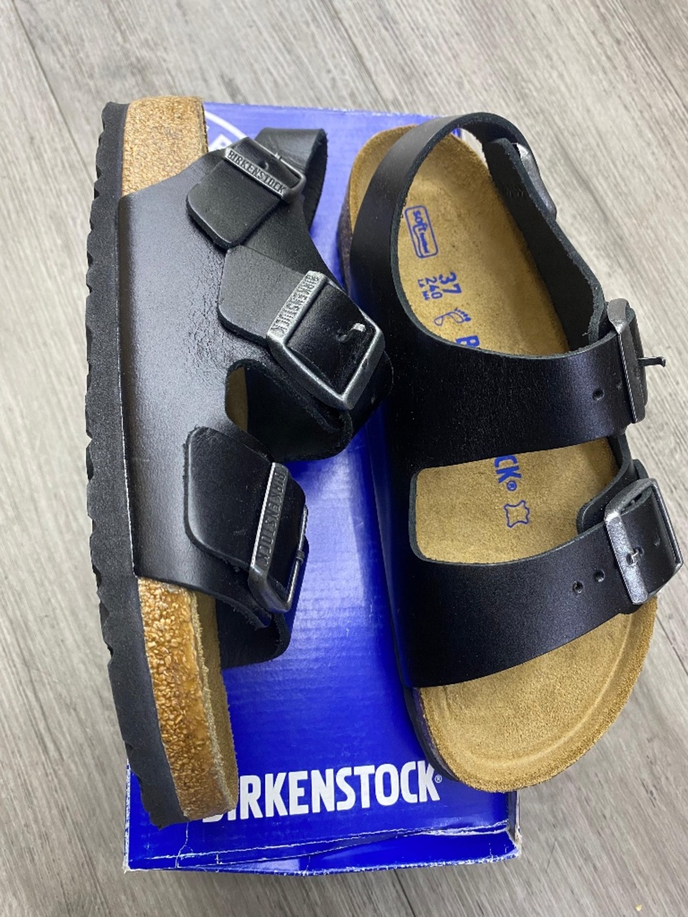 Birkenstock Milano BS Amalfi Black Leather Sandals Soft Footbed EVA Sole